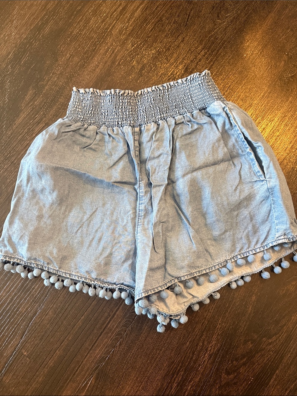Smocked Waist Light Blue Pom-Pom Trim High-Waist Women's Shorts